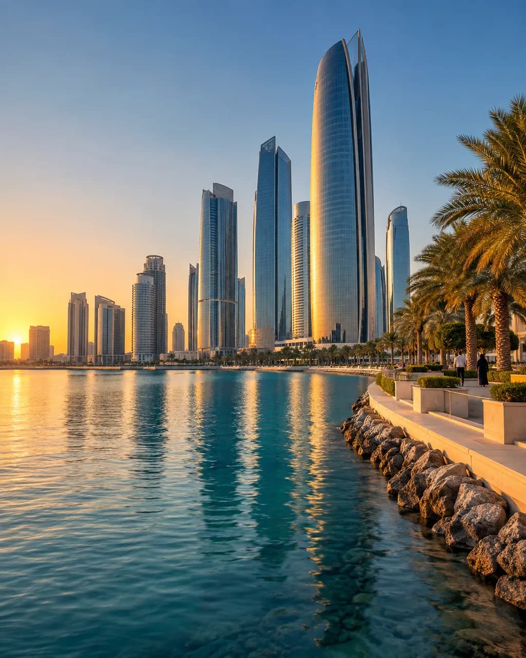 Glass towers on a curved waterfront at sunset, with a palm-lined promenade and two people walking in the distance